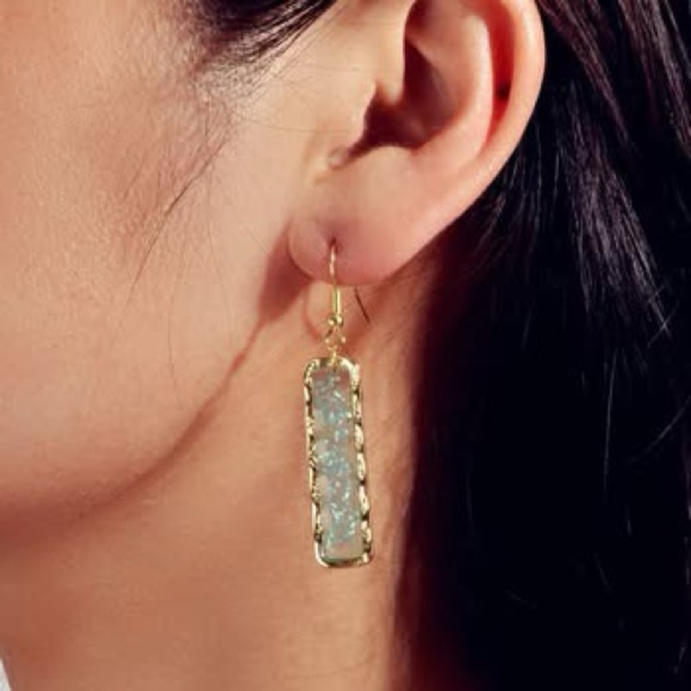 Mint Green Crystal Rectangle Gold Drop Earrings